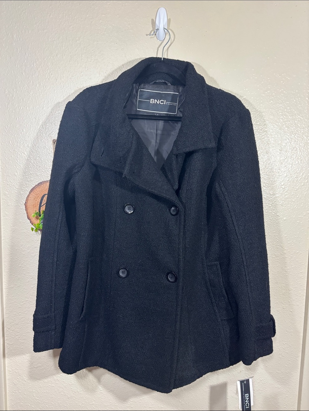 BNCI Black Wool Blend Double Breasted Pea Coat Size L NEW